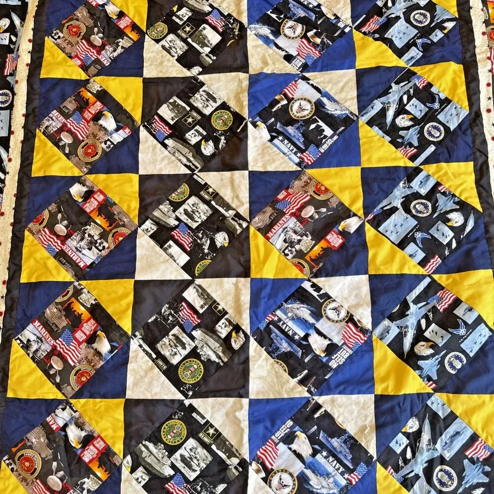 Vintage Handmade Patchwork Military Appreciation Quilt Lap/Baby Blanket  42”X48”